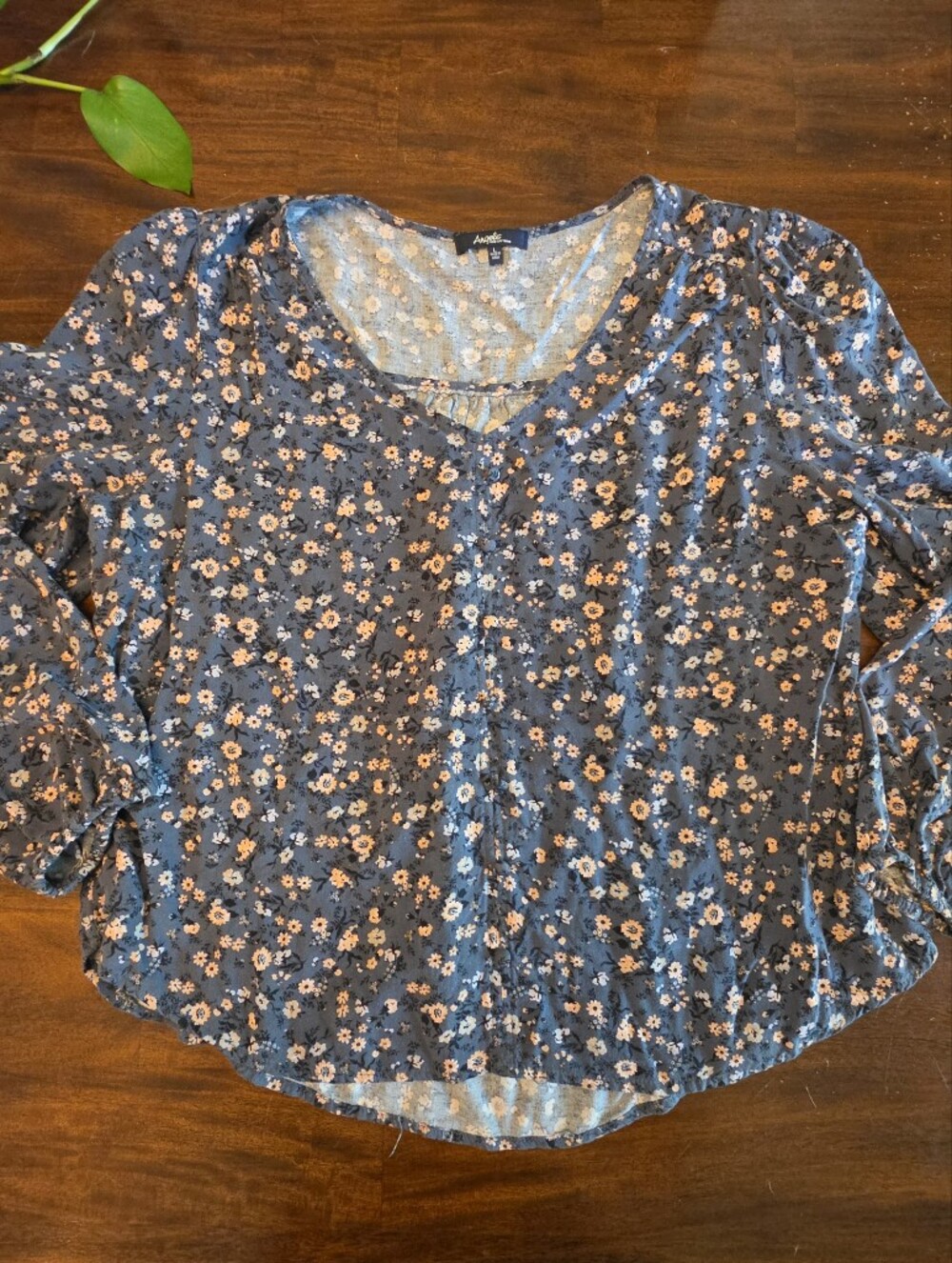 Angels Forever Young Floral Peasant Blouse Size L Blue Gray Boho Top